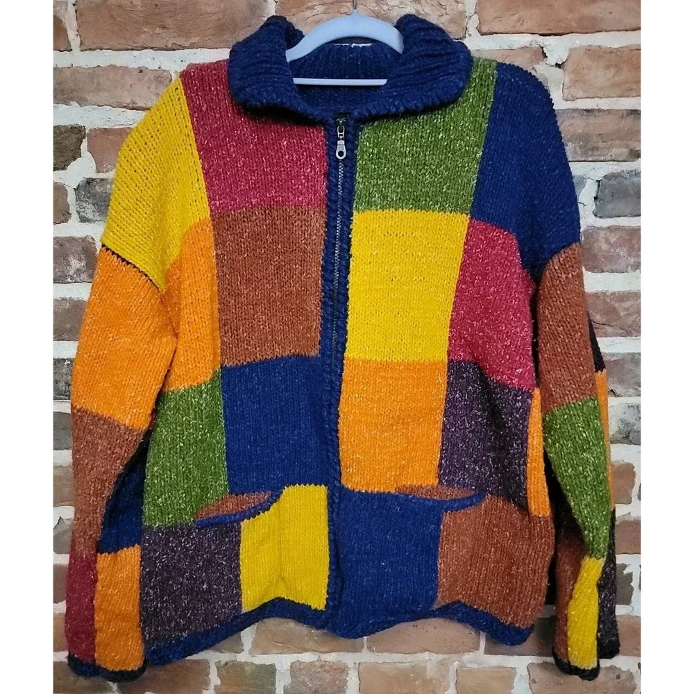 Sisandina  Sweater Jacket Wool Colorful Patchwork Handmade Grandmacore Lagenlook